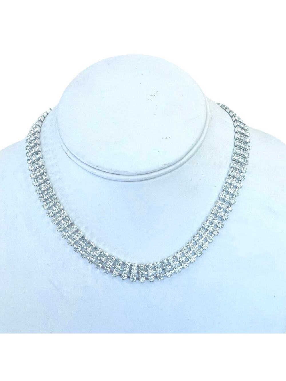 Vtg Clear Rhinestone NAPIER Necklace 3 Row Collar Choker Tennis Riviera